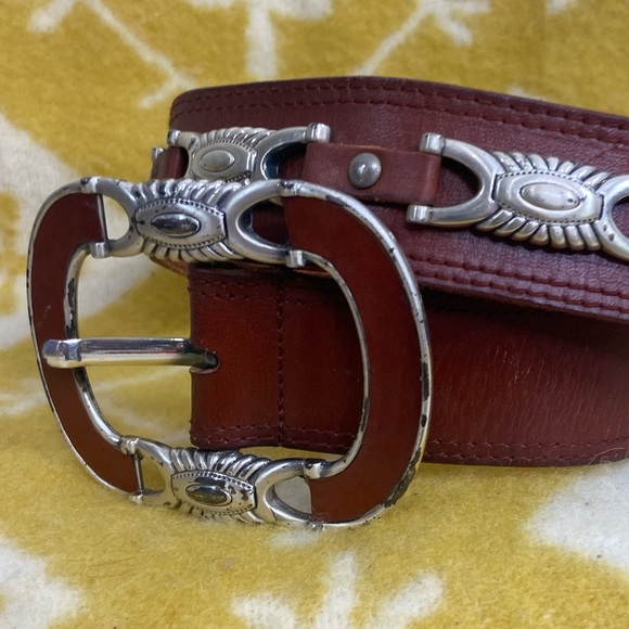 Made in Spain heavy silver tone brown leather belt. main image 4